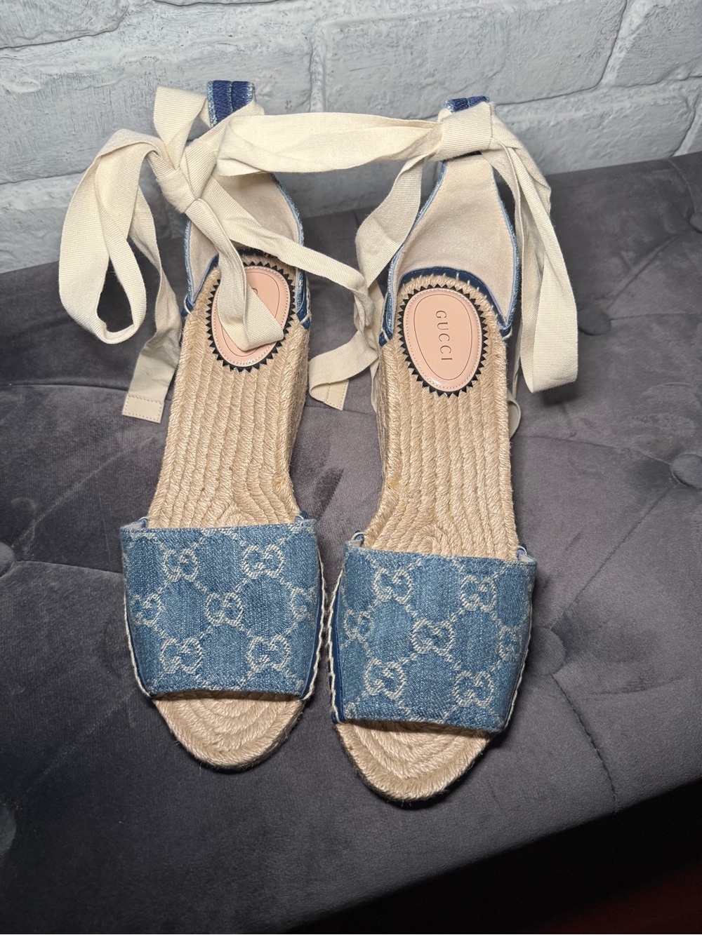 Gucci Blue Denim Espadrille Wedge Sandals with Cream Ankle Ties